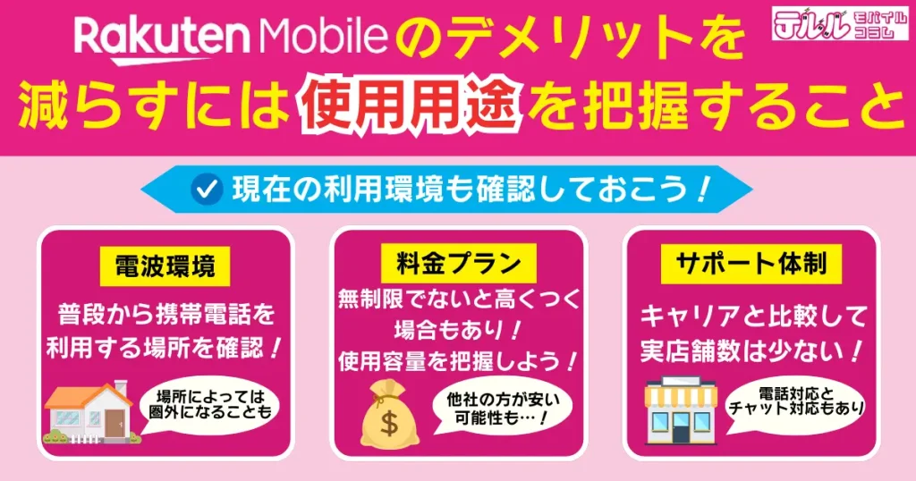 まとめ:楽天モバイルのデメリットを減らすには現在の利用環境や使用用途を把握すること