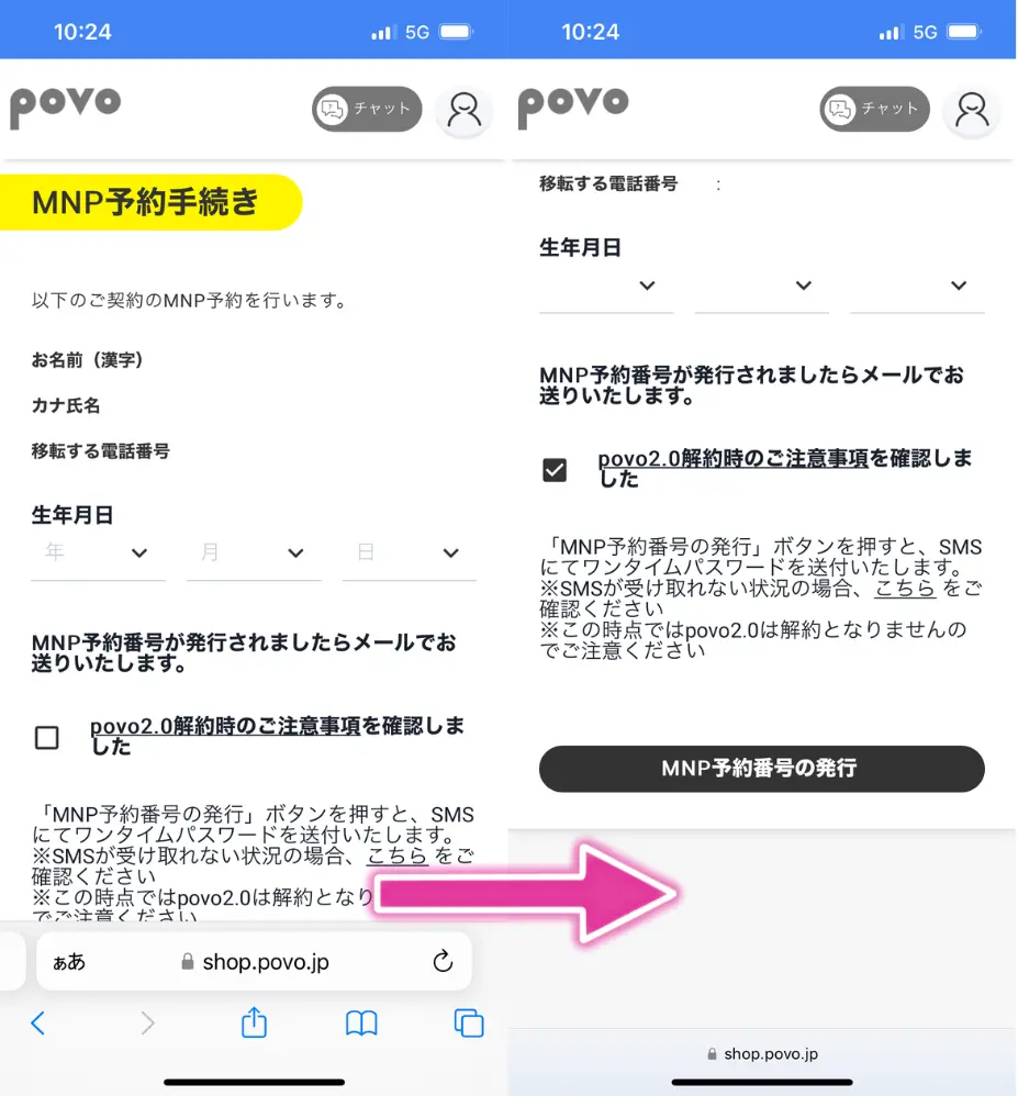生年月日を入力し、MNP予約番号の発行のボタンを押したら完了