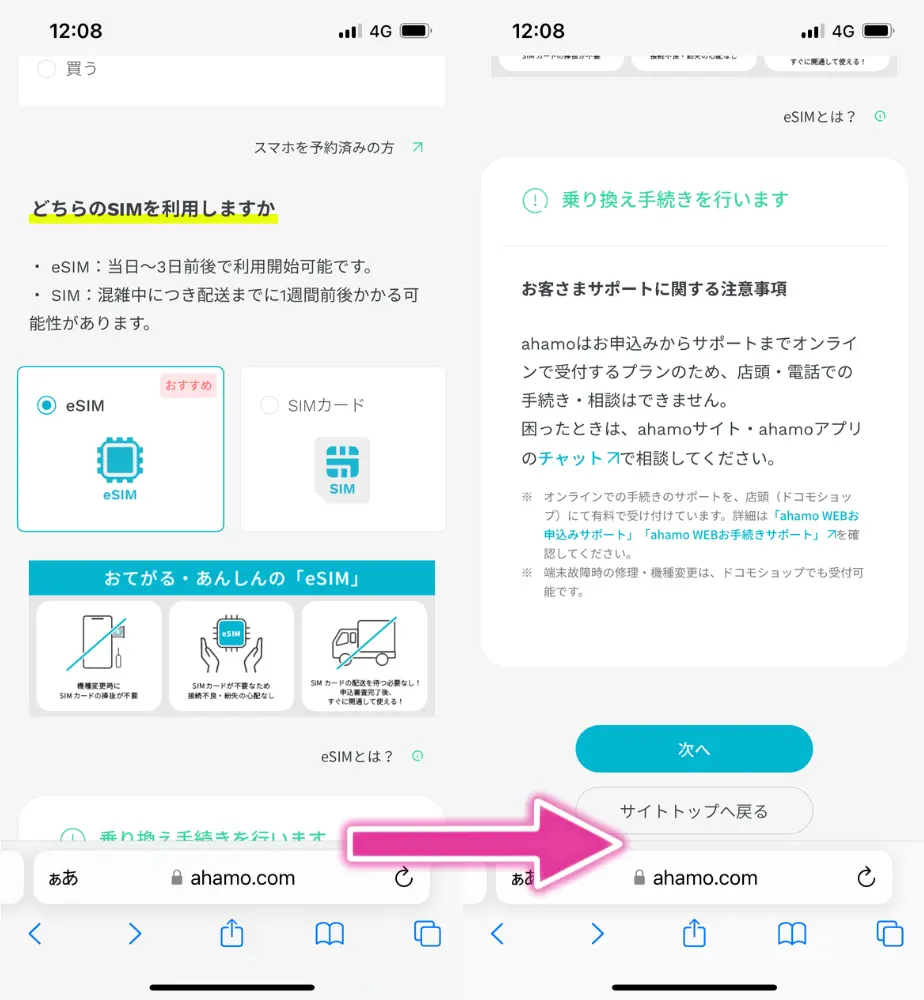 物理SIMまたはeSIMを選択し、「次へ」ボタンを押す
