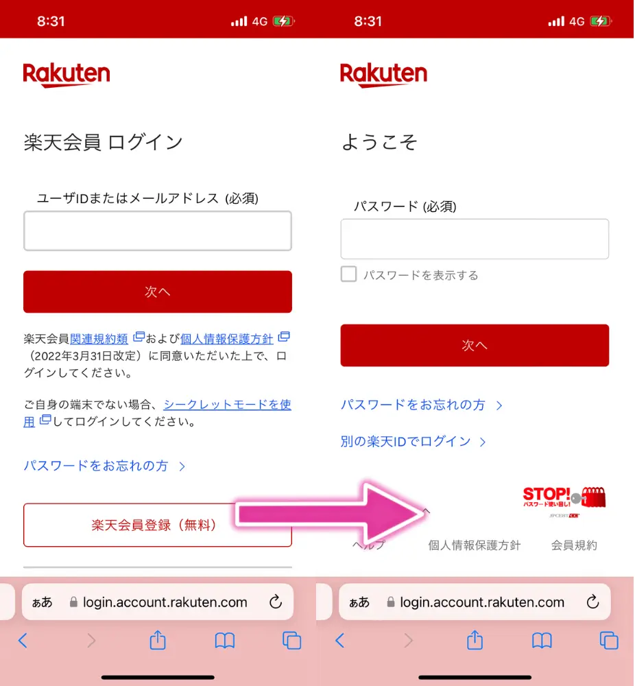 楽天会員のユーザーIDとパスワードでログイン