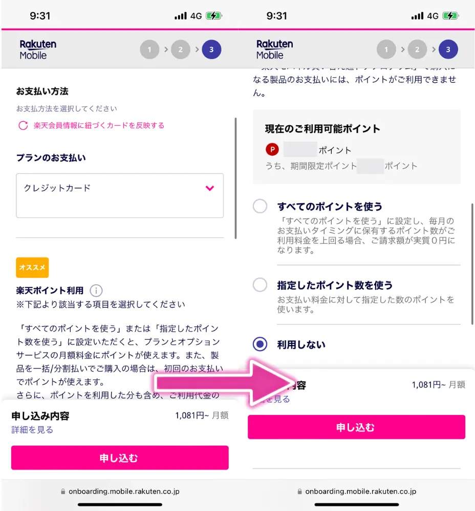 支払い方法やポイント利用の有無を選択する