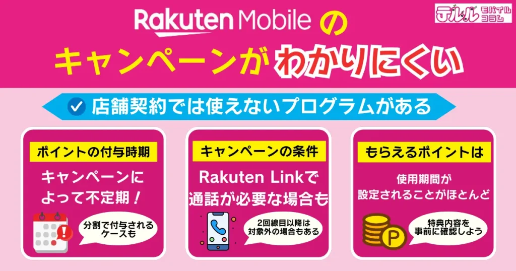 楽天モバイルのキャンペーンがわかりにくい|店舗契約では使えないプログラムがあるデメリットも
