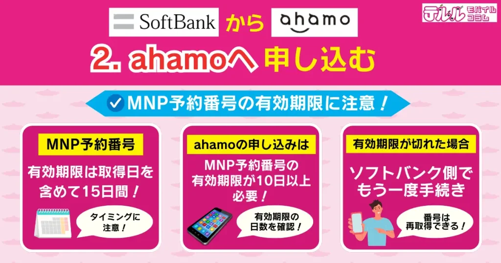 2. ahamoへ申し込む｜MNP予約番号の有効期限が10日以上残っている必要あり