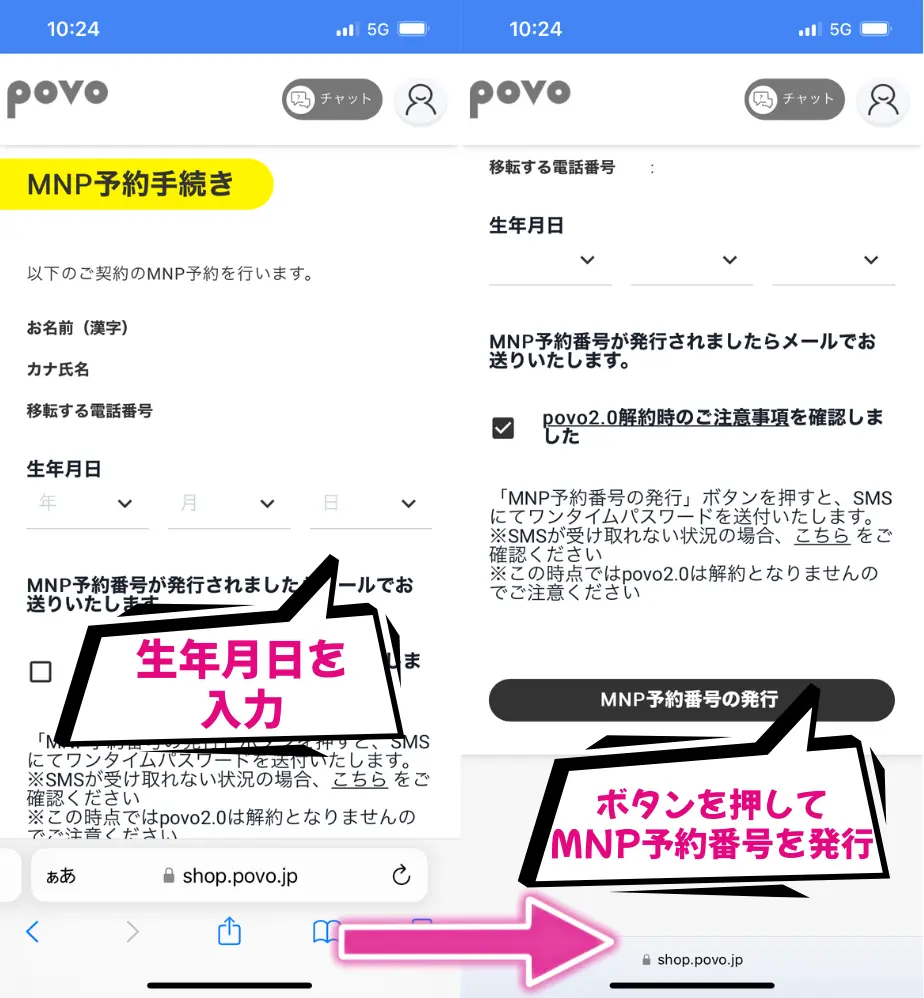 生年月日を入力し、MNP予約番号の発行のボタンを押したら完了