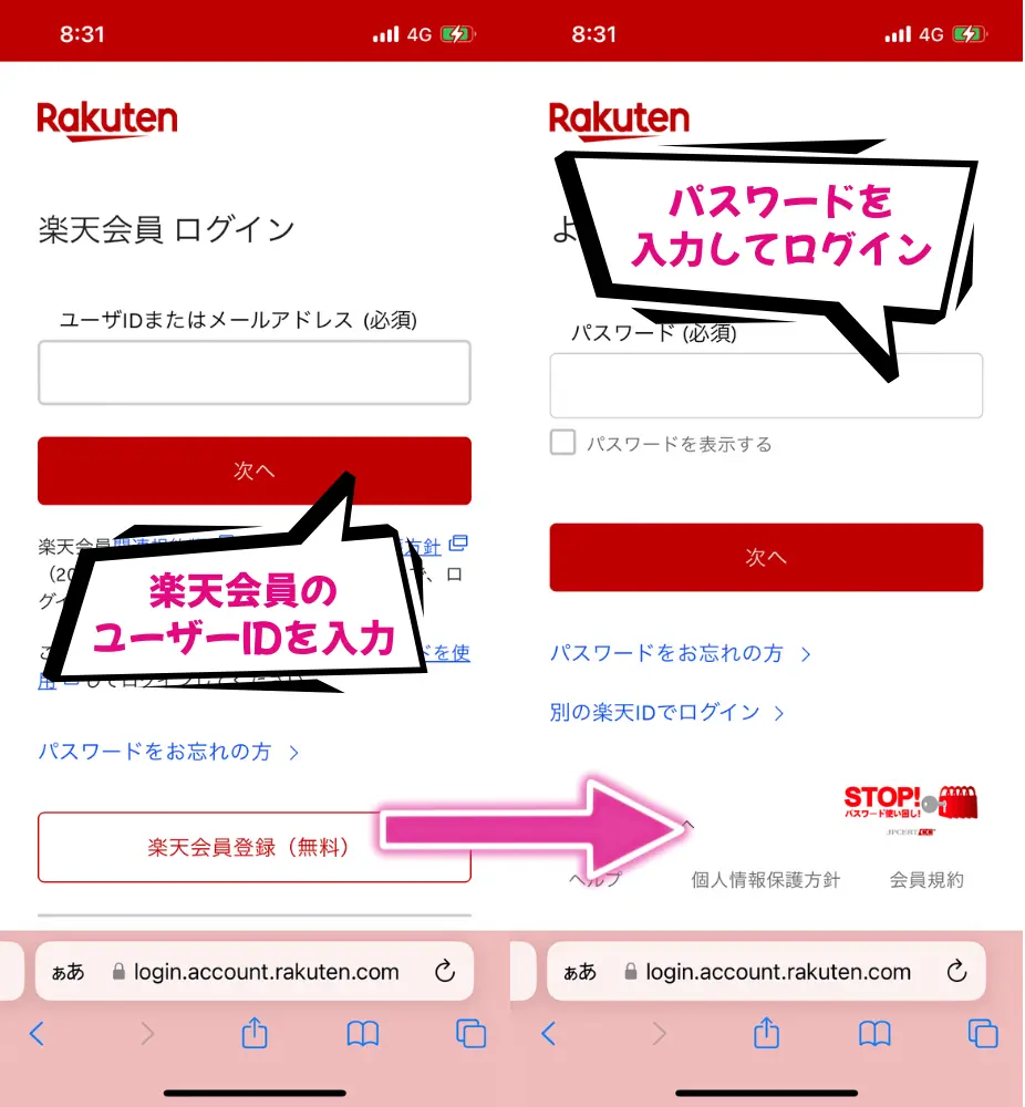 楽天会員のユーザーIDとパスワードでログイン