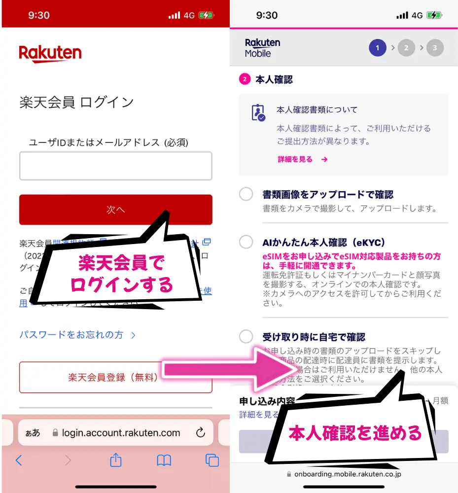 楽天IDとパスワードでログインして本人確認を済ませる