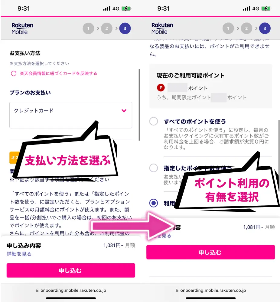 支払い方法やポイント利用の有無を選択する
